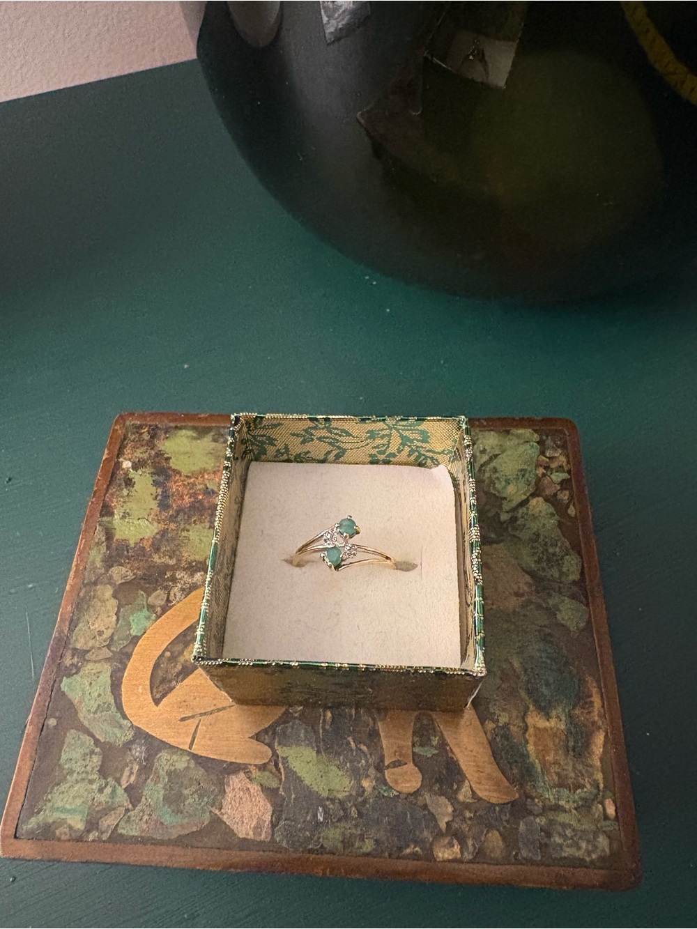 Delicate 10k Yellow Gold Ring with Green Gemstones for Women